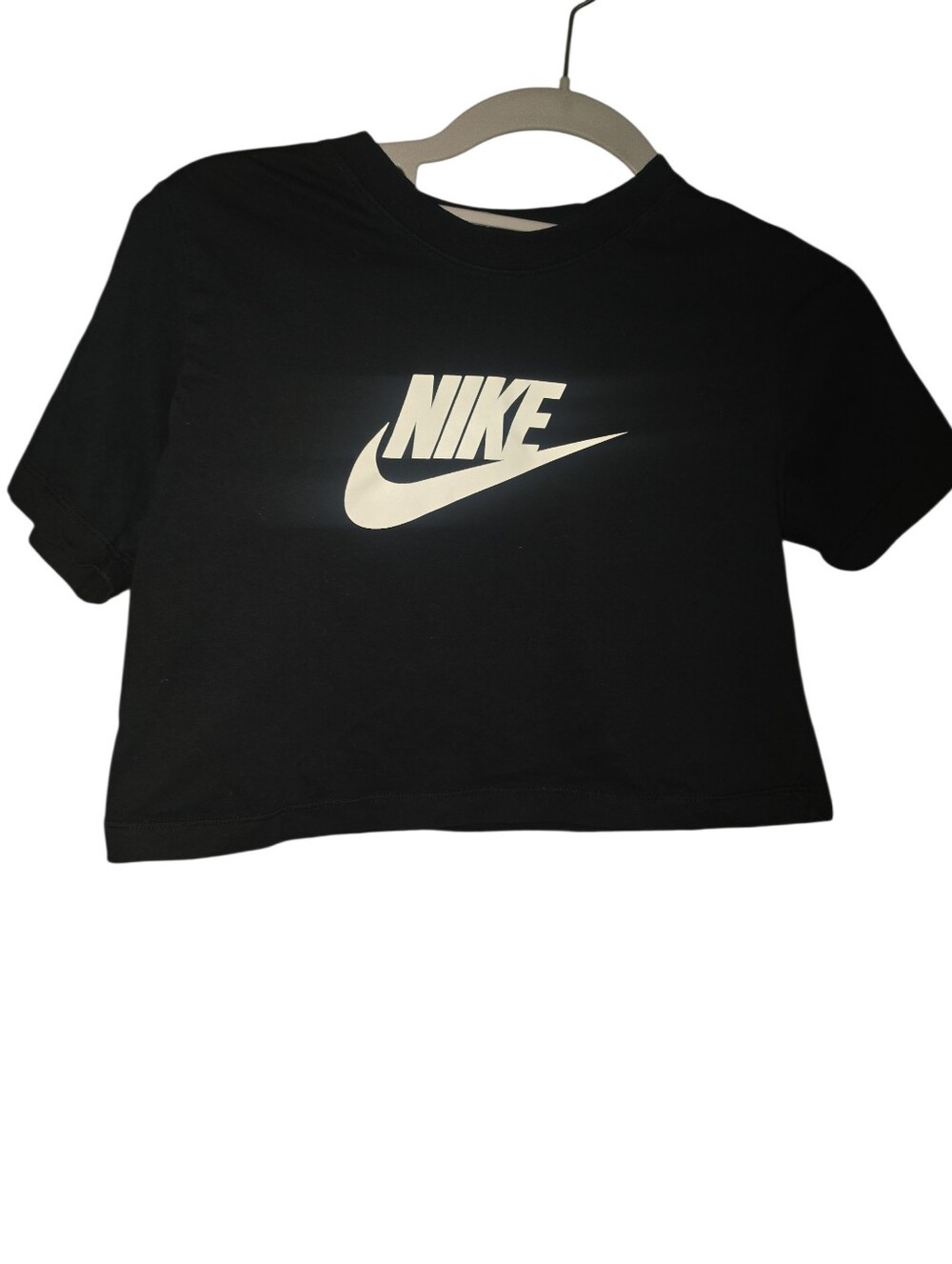 Nike Girls Size Large Black Cropped Tee with White Swoosh